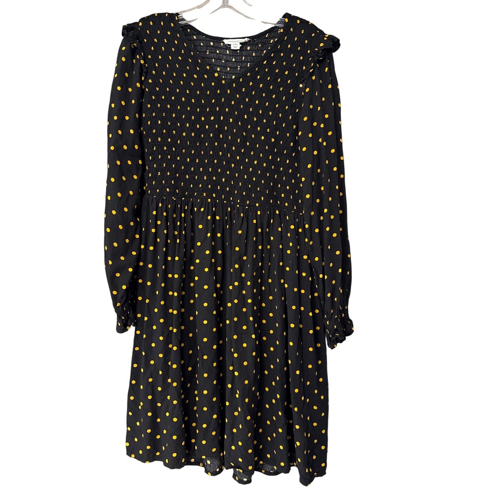 Beachlunchlounge Black Cream Polka Dot Smocked V-Neck Ruffle Dress S
